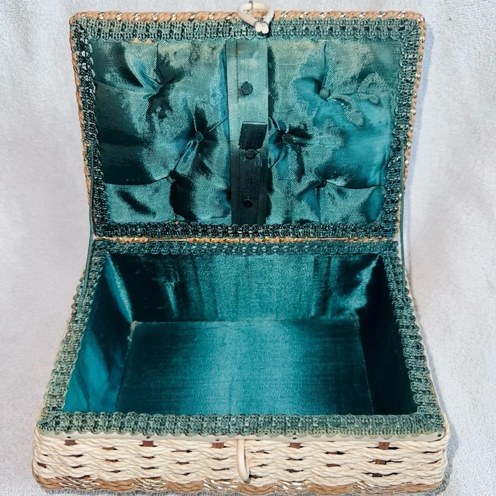 Vintage Braided Woven Wicker Sewing Basket Box Green Satin Lined Japan MCM